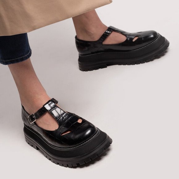 Burberry Shoes - Burberry Black Croc T-Bar Loafer - mary jane t-strap shoes platforms
